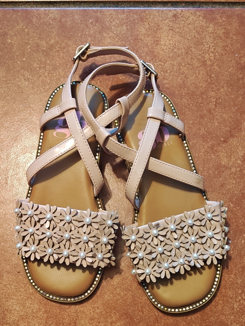 GB girls Blush Pink Floral Pearl Accent Sandals